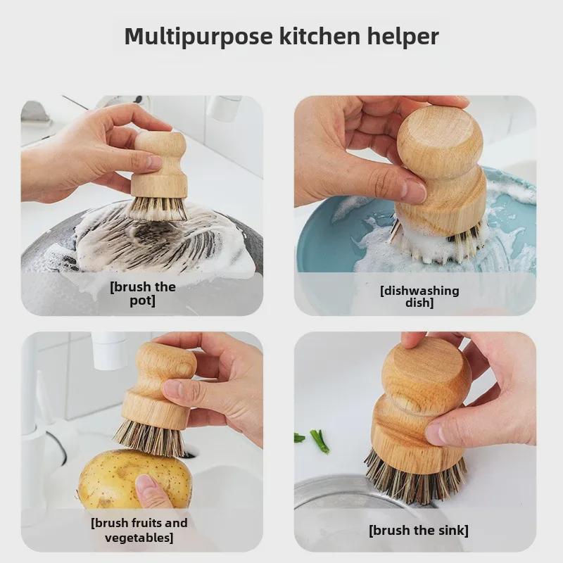 Многофункциональная кухонная щетка из натурального сизаля для мытья посуды, фруктов и овощей - ручка из цельного дерева