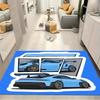 Bright‑Blue Supercar Comic Split Panel Print Area Rug Non‑Slip Rectangular Floor Mat Modified Auto Fan Decor for Gaming Bedroom Living Room