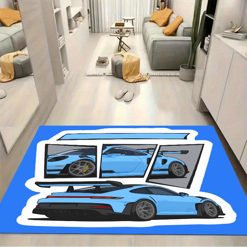 Bright‑Blue Supercar Comic Split Panel Print Area Rug Non‑Slip Rectangular Floor Mat Modified Auto Fan Decor for Gaming Bedroom Living Room