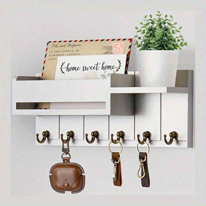 1pc Vintage Wooden Wall Mounted Key Rack with Mail Holder & Tray - Easy Install, Suitable for Farmhouse Decor In Living Room, Kitchen
