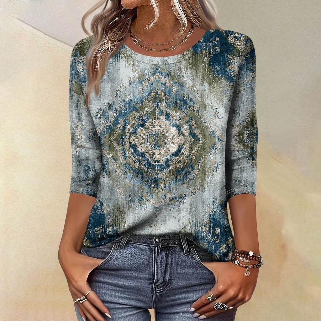 Trendy Vintage 3/4 Sleeve Top For Women ,Ladies Casual Three Quarter Sleeve Round Collar Printed T-Shirt Blouse