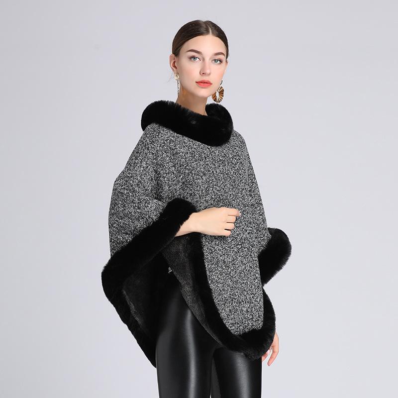 Vintage Knit Faux Fur Trim Poncho Solid-Color Sleeveless Coat Women Winter Thicken Lining Pullover Wraps Cloak Warm Shawl for Female