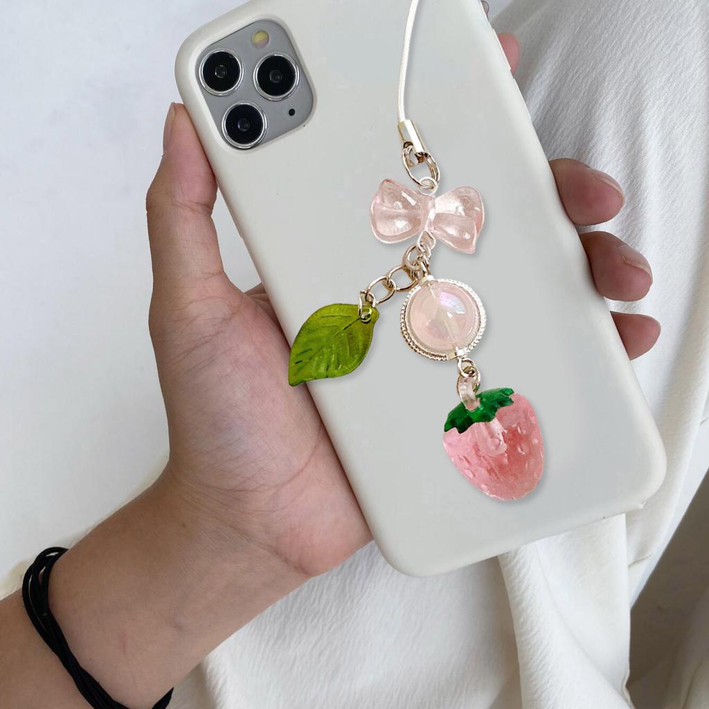 Милый шнурок для телефона с клубникой и листом, элегантный ремешок для телефона с дизайном клубники и листа, уникальный шарм-цепочка для телефона для женщин