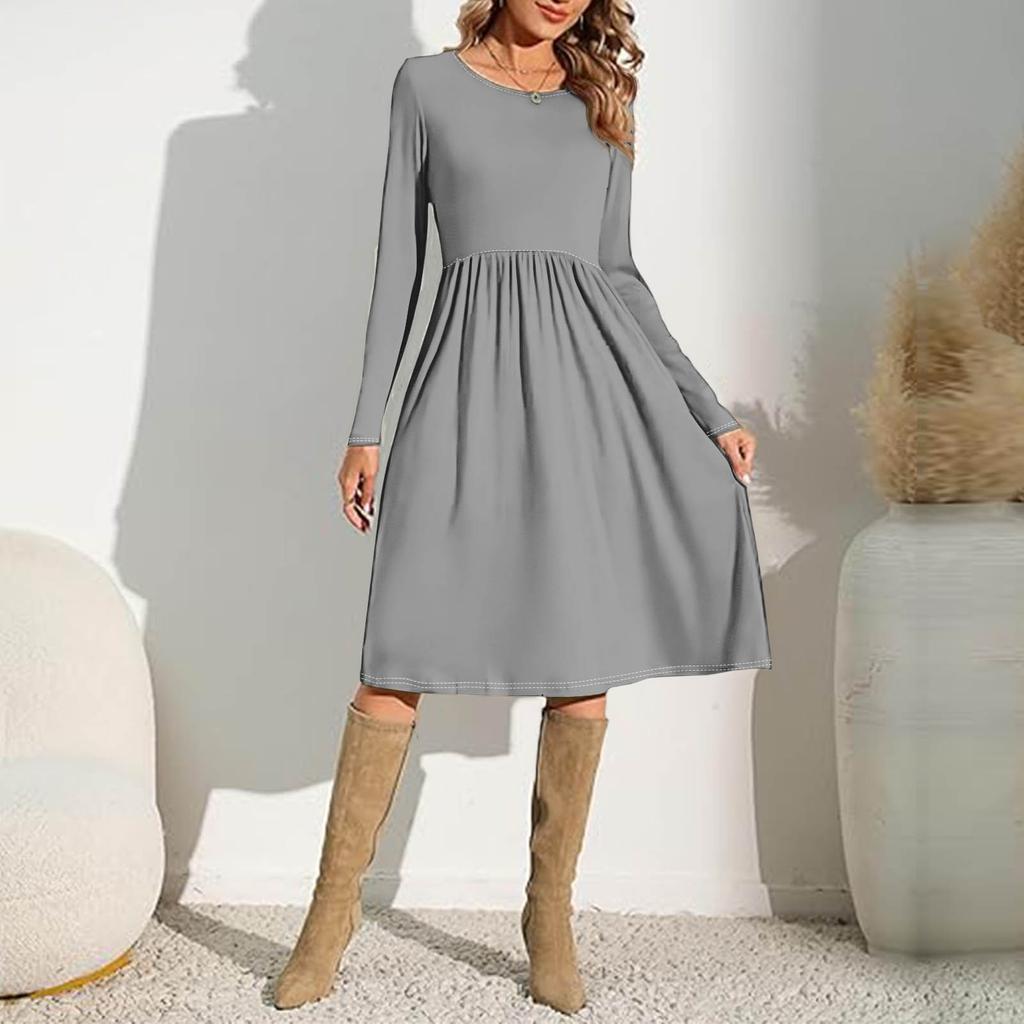 Женские однотонные повседневные платья с карманами на весну с круглым вырезом и длинными рукавами