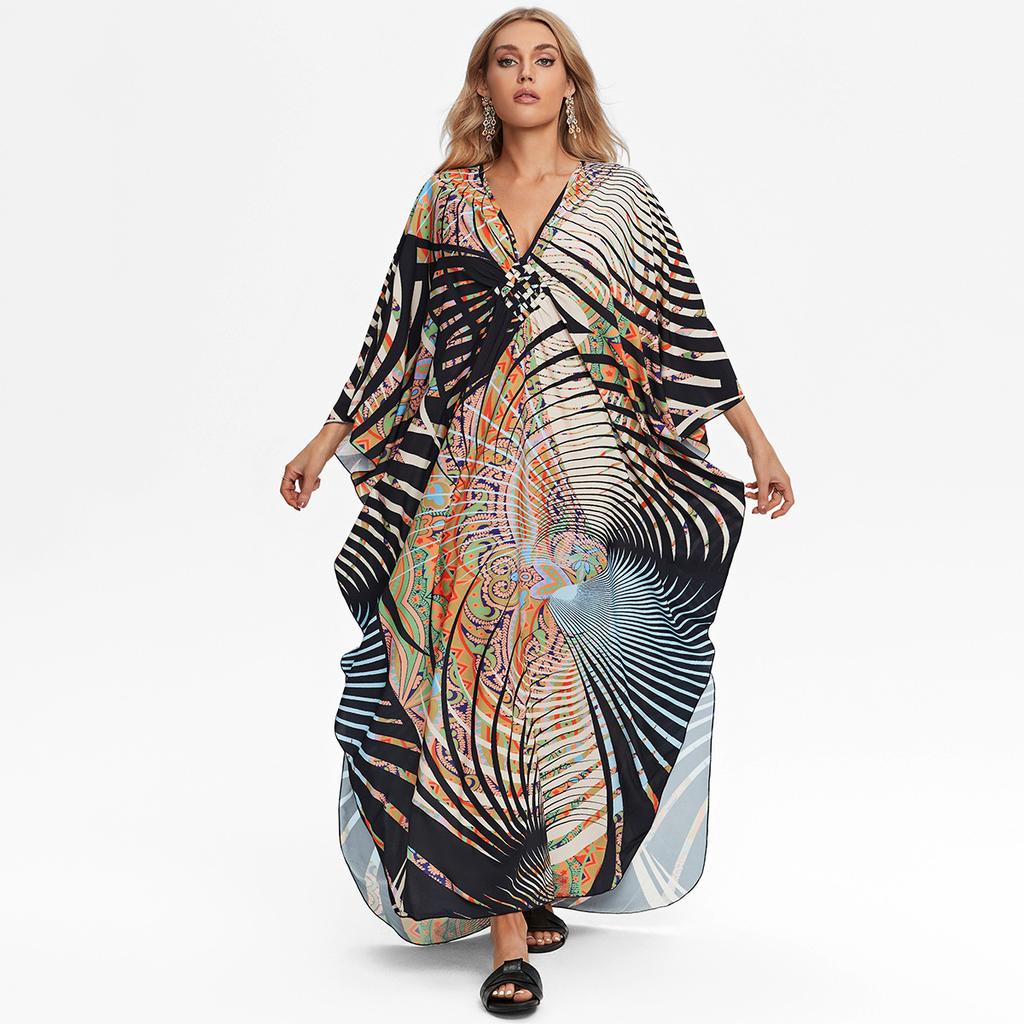 Женская мода лето весна перо принт рукава 3/4 V-образный вырез свободная талия повседневные платья