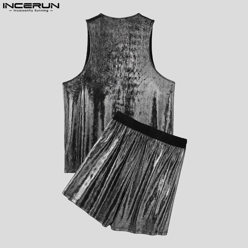 INCERUN Two Pieces Men Glitter Sleeveless Tank Tops and Shorts Casual Sets