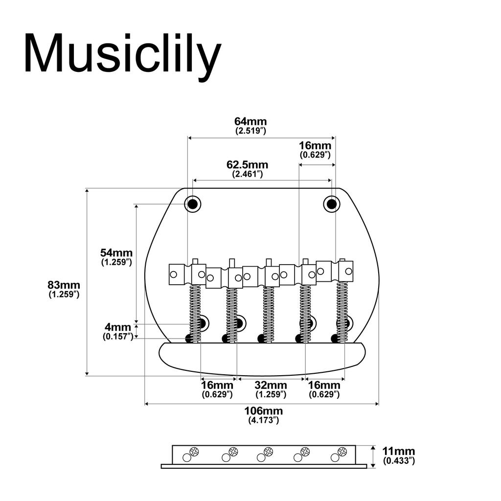 Musiclily Pro 16mm Steel Bass Bridge for Music Man Type Chrome 5-String Basses,