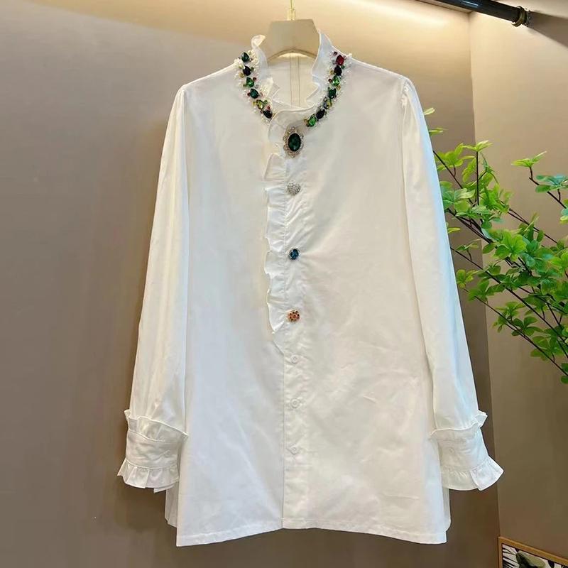 Женская рубашка больших размеров с длинным рукавом, воротником-стойкой и отделкой хотфикс - Зрелый стиль, Однотонная, Универсальный топ