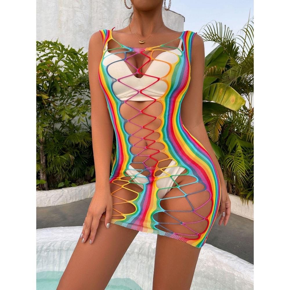 Sexy Rainbow Color Net Clothing Wholesale Dress Bodystocking Ploe Dancewear Lingerie