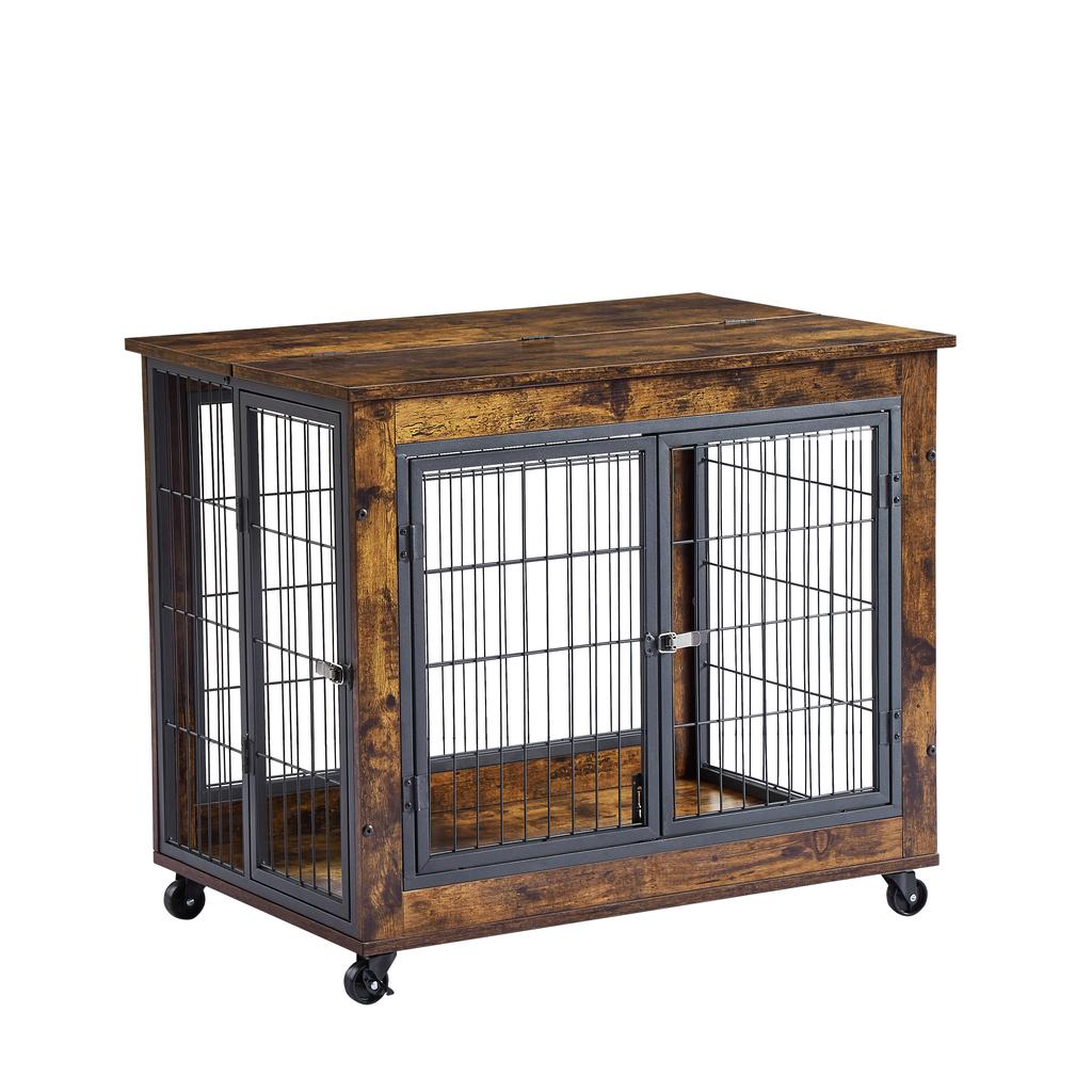 Dog Crate, Wooden Kennel Table with Double Door, Indoor Dog House with Hinged Roof, with Casters for Easy Mobility, Vintage Brown, 80*56*69.5cm