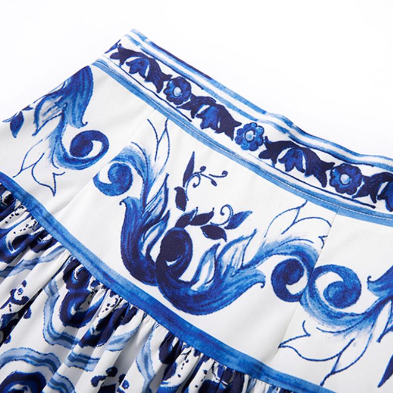 Элегантный комплект из двух предметов с фарфоровым узором, женский короткий укороченный топ с цветочным принтом, плиссированные макси-юбки, костюмы, женские лоскутные винтажные комплекты с ремешками, 2024