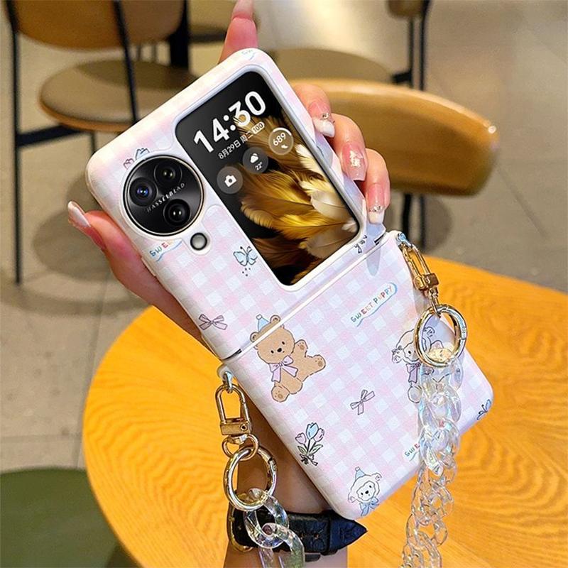 Cute Pink Plaid Foldable Phone Case Leather Cover With Crystal Chain For Samsung Z Flip6 Z Flip5 Z Flip4 Xiaomi Mix Flip Huawei P50 Pocket
