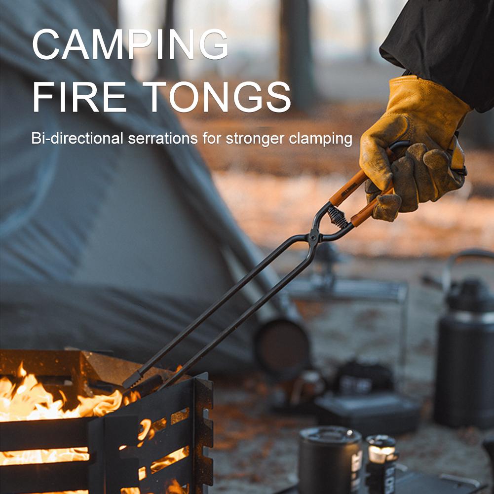Carbon Steel Charcoal Tongs Outdoor Camping Fire Poker with Leather Cover Bonfire Firewood Clip Anti-Scald Long Handle BBQ Tool
