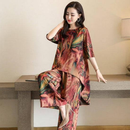 Женский костюм-двойка с ретро-принтом, лето 2024 г.: Модная свободная блузка и широкие брюки