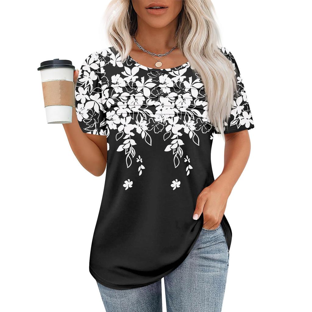 T Shirts For Women Pleated Round Neck Dressy Casual Blouses Printing Short Sleeve Summer Tops Loose Fit