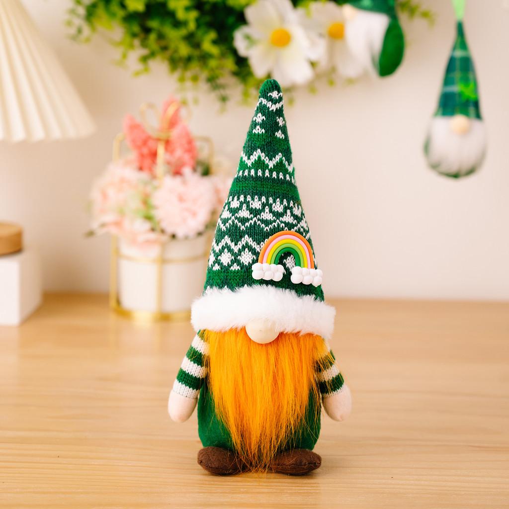 Cheerful Green Leaf Festival Plush Doll With Stylish Rainbow Knit Hat For Festive Decor