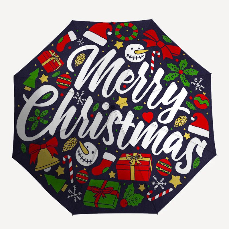 Merry ChristmasFestive Ornament CircleUmbrella, Portable 3-Fold Compact Umbrella,Christmas Gift ES421