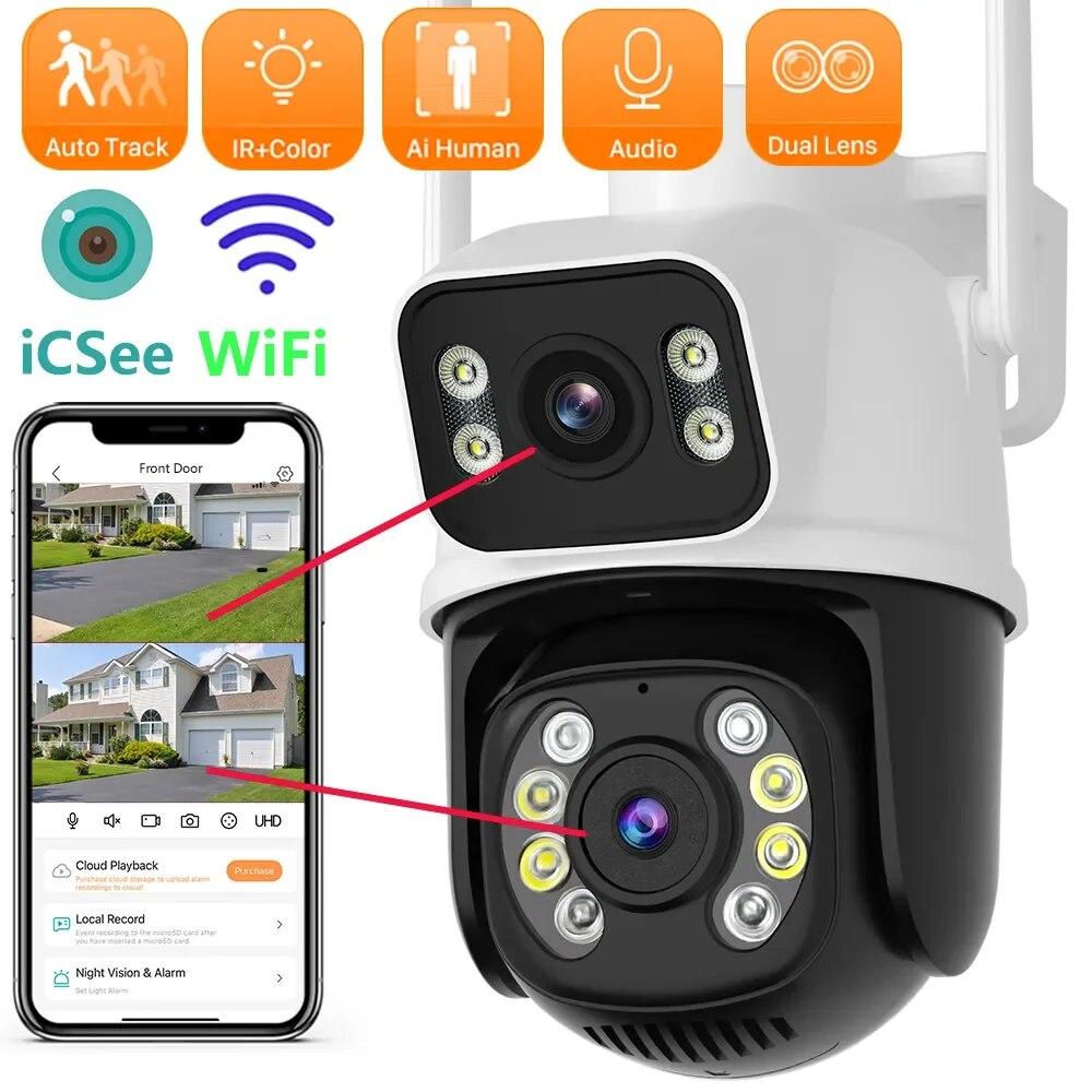 LS VISION 8-мегапиксельная PTZ-камера, 2,4 ГГц, Wi-Fi, двойной объектив, двойной экран, искусственный интеллект, обнаружение человека, автоматическое отслеживание, беспроводная уличная камера наблюдения iCSee