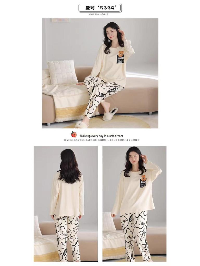 Женский пижамный комплект с длинным рукавом - Милый мультяшный принт, Большой размер, для весны и осени, для дома/улицы