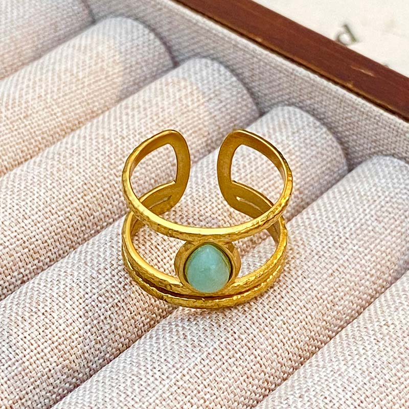 Stainless Steel Colorful Stone Opening Rings for Women Men Retro Classic Wide Gold Color Joint Rings Banquet Jewelry Accessories
