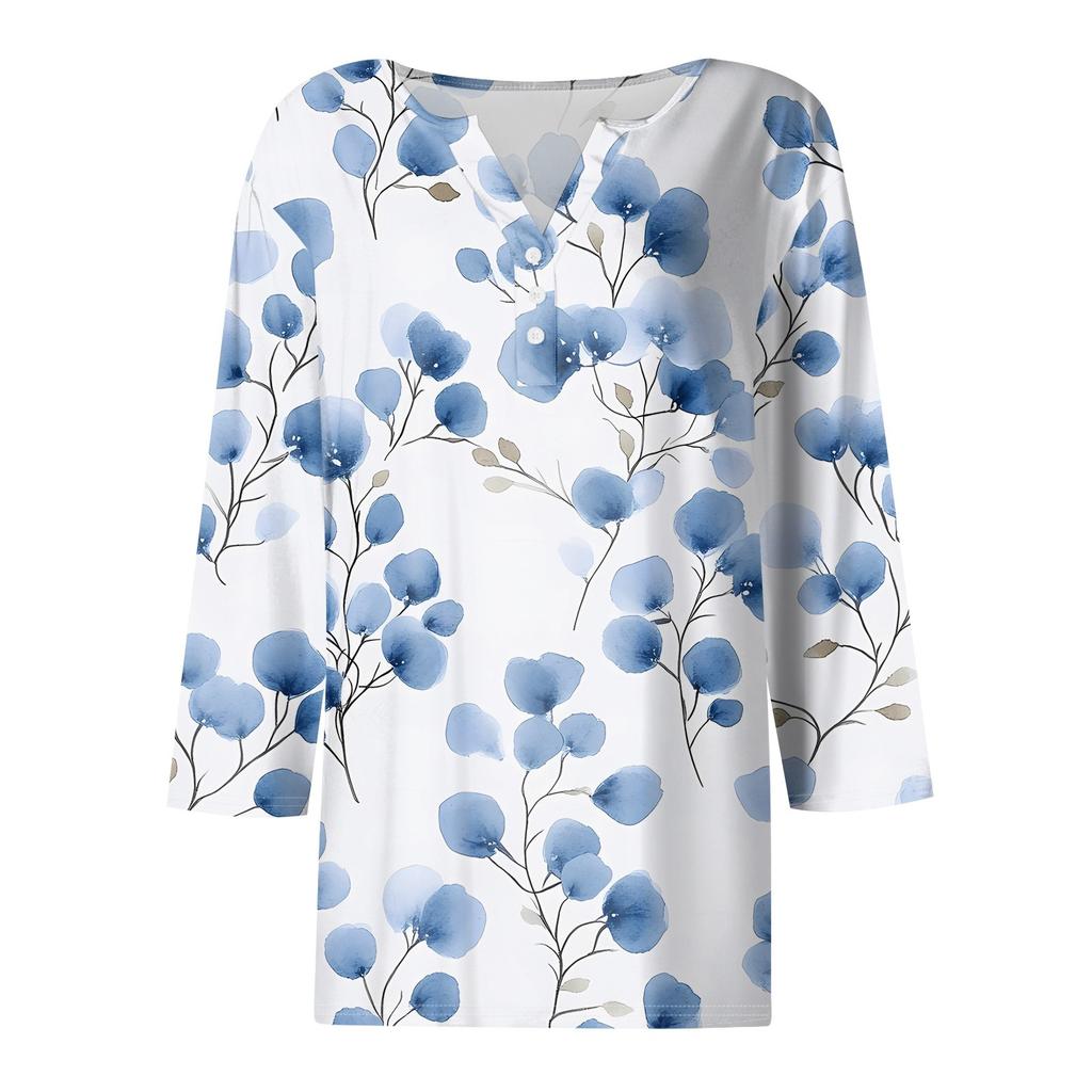 Жен. Футболка С принтом Пуговицы Рукав 3/4 Повседневные Выходные Мода Классический Классический V-образный вырез Обычный Верх