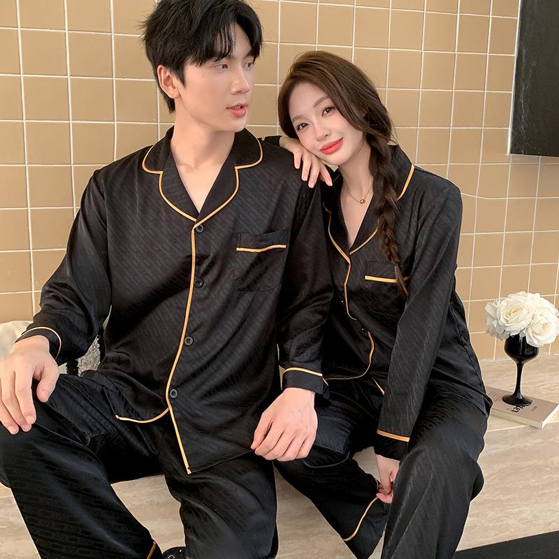 Premium Ice Silk Jacquard Couple Pajama Set - Long Sleeve, Long Pants, Plus Size, Men's & Women's Homewear