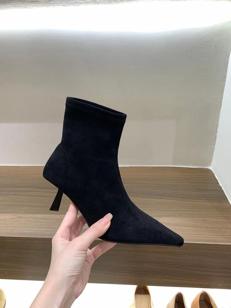 Женские туфли, короткие ботильоны хаки из замши на высоком каблуке с острым носком, новая весенне-осенняя одиночная обувь, корейские маленькие ботильоны