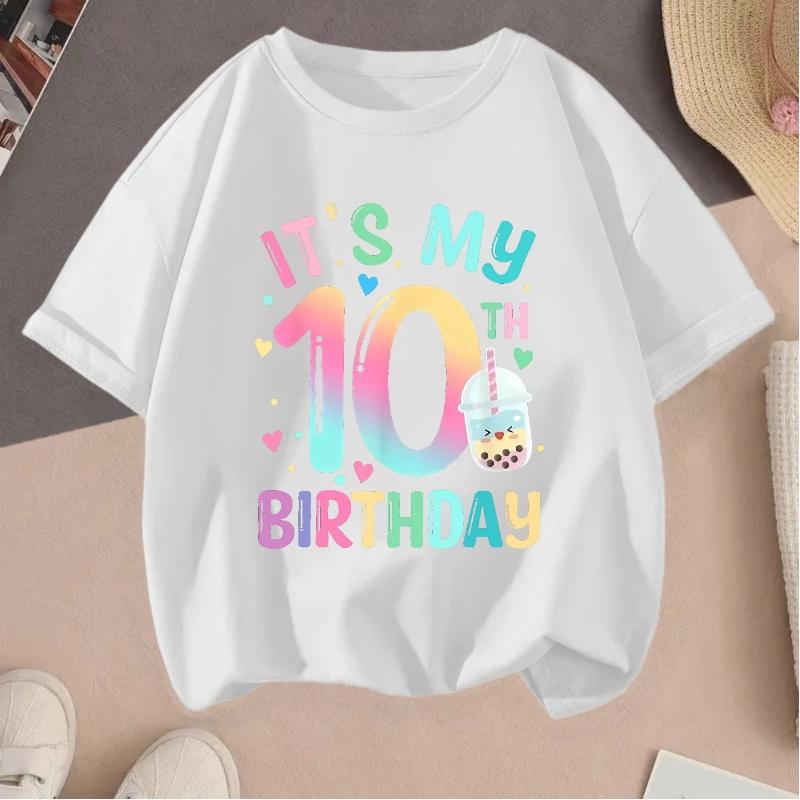 Модная летняя футболка для девочки на 10-й день рождения, Детская одежда, Футболка с двусторонней печатью, Детская футболка с коротким рукавом, Повседневный топ