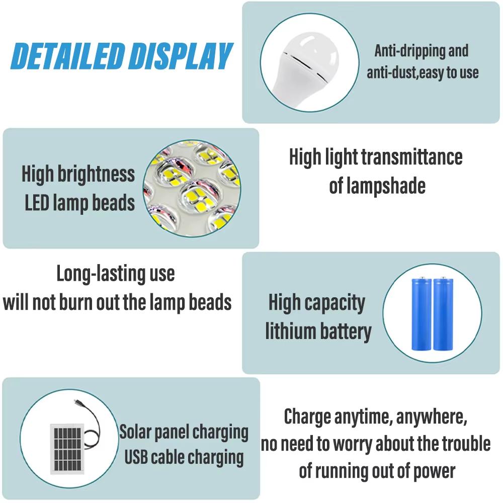 LED Solar Light Bulb Outdoor Camping Light Waterproof Portable Garden Pendant Light Hiking Fishing Emergency Light USB Charging