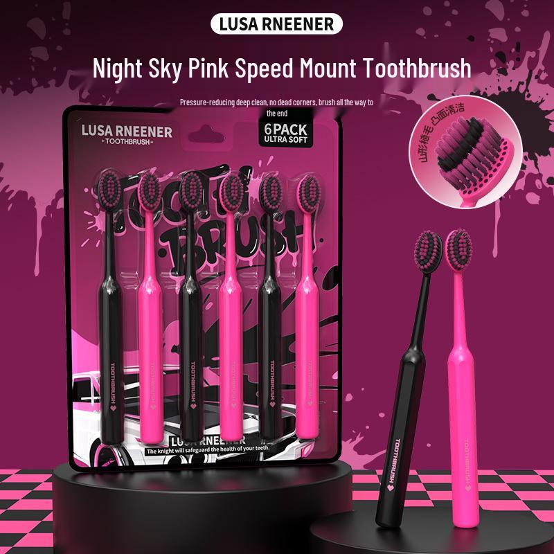 LR Black Pink Series Soft Bristle Toothbrushes [Pack of 6] - Wave-Shaped Convex Design for Adults