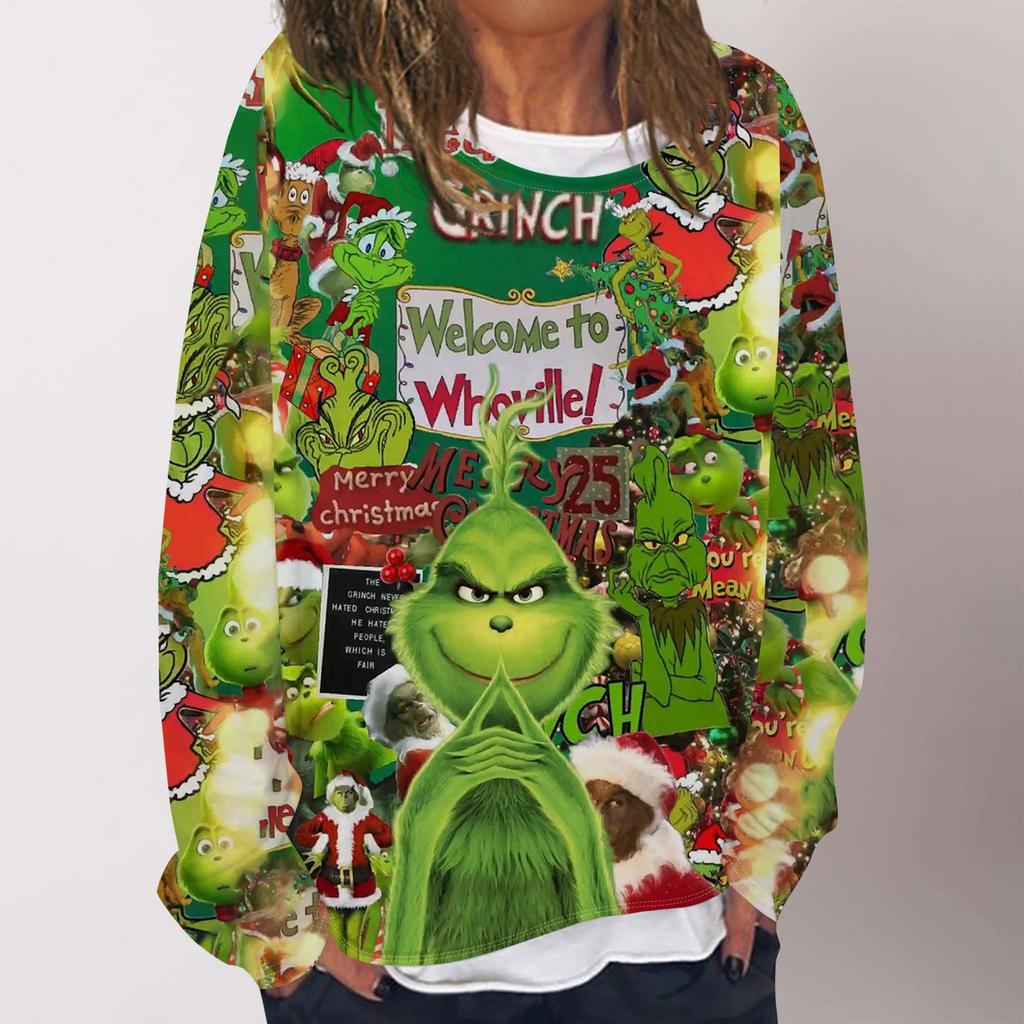 Женская повседневная модная толстовка с длинным рукавом и круглым вырезом с рождественским принтом, многослойный пуловер, топ