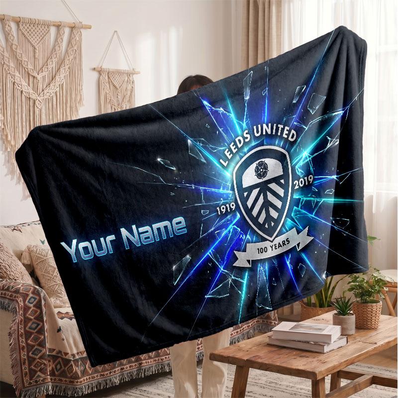 Leeds United Personalized Fleece Blanket With Football Logo, Custom Name Text Soft Warm Home Throw Blanket