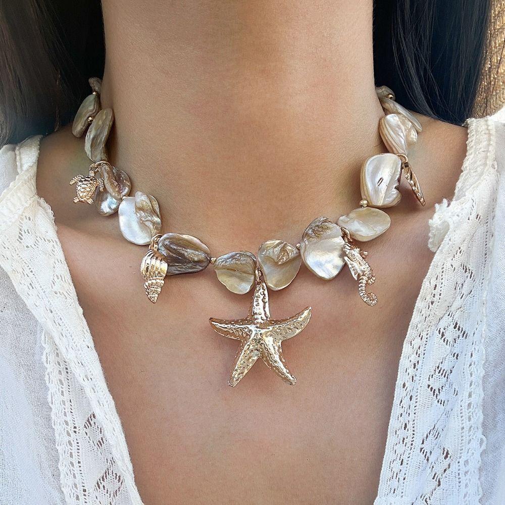 Bohemian Starfish Beaded Necklace Sea Series Shell Beaded Chain  Women
