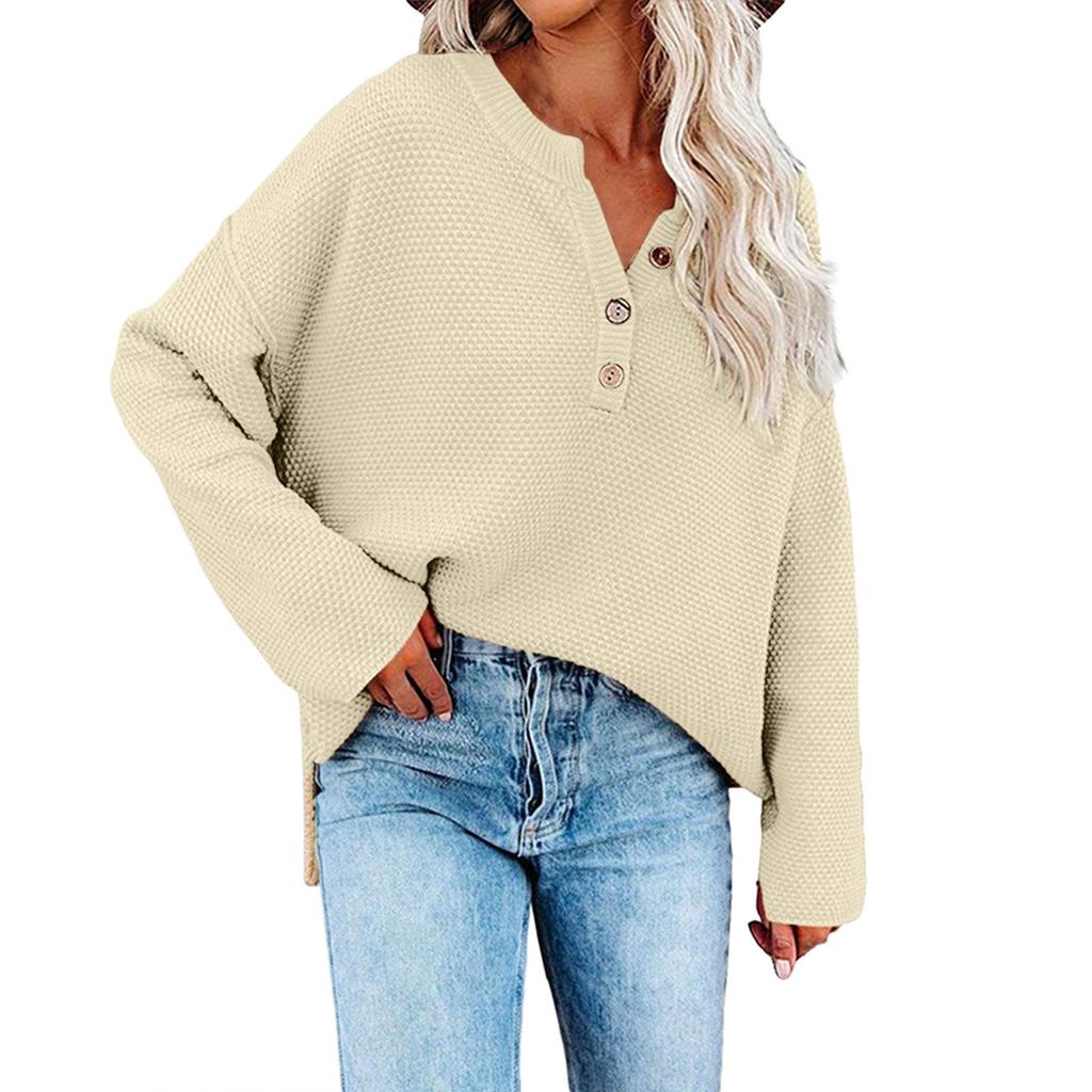 Женская мода, повседневный однотонный свободный вязаный пуловер с круглым вырезом и пуговицами, топ