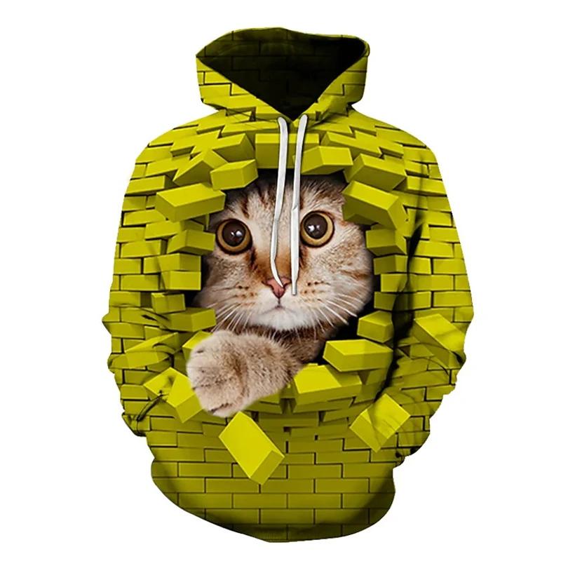 Men's Creative Brick Wall Cat Graphic Fleece Hoodie, Thick Warm Autumn Winter Pullover, Fun Pet Art Sweatshirt for Youth Daily Street Matching
