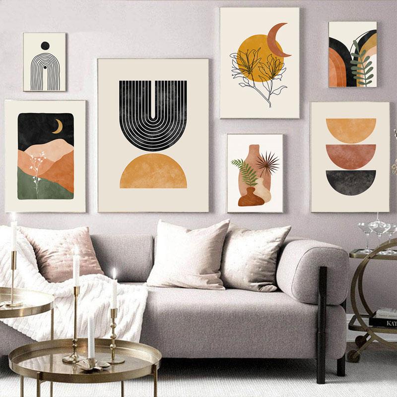 Бохо Монстера Пальмовый Лист Настенные Панно Линии Геометрии Художественный Плакат Солнце Луна Настенные Плакаты Абстрактное Искусство Живопись Cuadros Decorativos