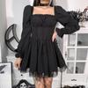 Gothic Sexy Black Lace Up Dress Vintage Square Collar Puff Sleeve Lace Tirm Mini Dresses Harajuku Fairy Grunge Party Dress