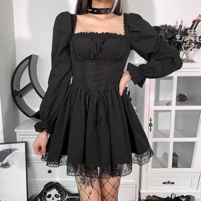 Gothic Sexy Black Lace Up Dress Vintage Square Collar Puff Sleeve Lace Tirm Mini Dresses Harajuku Fairy Grunge Party Dress