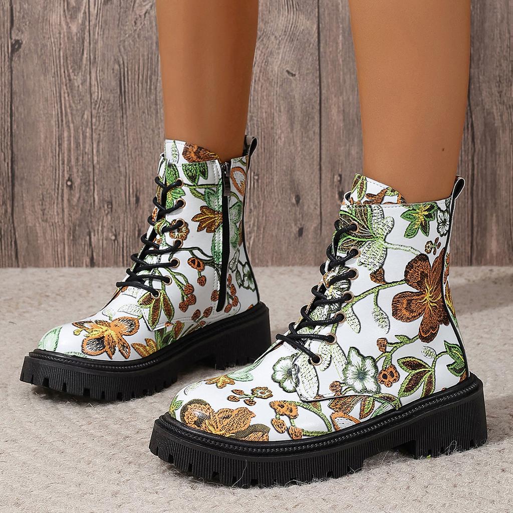 Large Size Boots Autumn European and American Printing Casual Round Head Lace-up Low-heeled High-top Boots