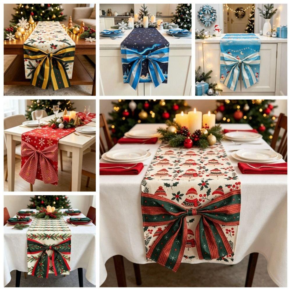 Bow Christmas Table Flag Snowflake Xmas Tablecloth Retro Christmas Table Runner Living Room