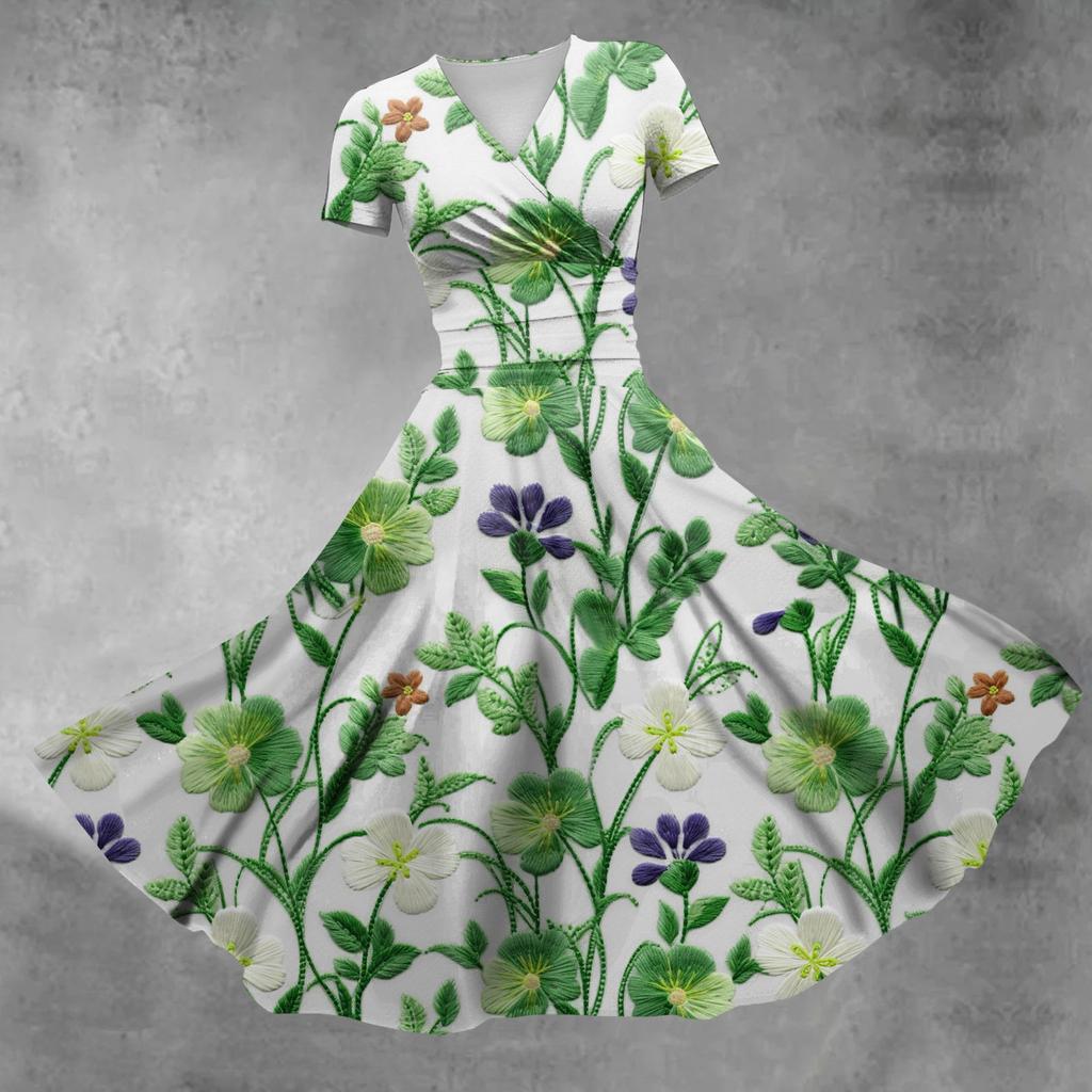 Женское платье принцессы, сексуальное платье с V-образным вырезом, принтом, присборенной талией, плиссировкой и короткими рукавами