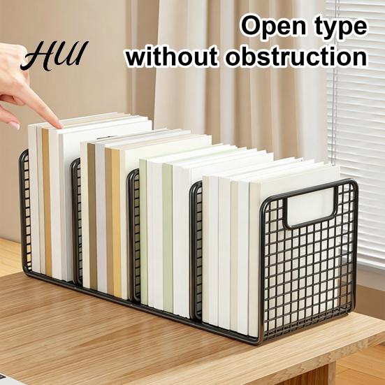 Durable Iron Bookcase Bookshelf with 4-Grid Organizer Thick Anti-Rust Desktop File Sorter Book Storage Rack for Office Documents Easy Access Shelf
