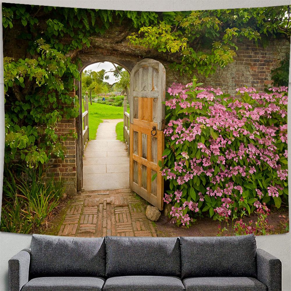 Spring Flowers Wood Fence Tapestry Nature Pink Rose Plant Flower Wall Hanging Garden Window Nature Scenery Tapestry