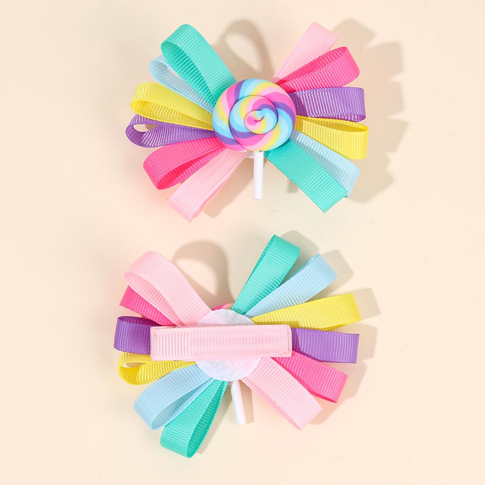 2Pcs Trendy Lollipop Hair Clip Sweet Rainbow Candy Ribbon Hairpin Cute Popular Bow Barrette For Girls Kids Headdress Accessories