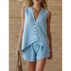 Womens Cotton Linen Sleeveless V-Neck Button-Up Top Cropped Shorts Set Casual Outfit