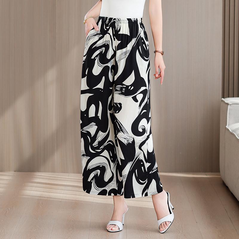 Большие размеры Летние женские брюки Высокая талия Свободная винтажная одежда Эластичный пояс Летние брюки