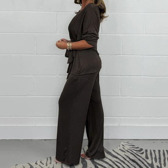 2 шт./комплект женский топ брюки костюм круглый вырез длинный рукав шнуровка