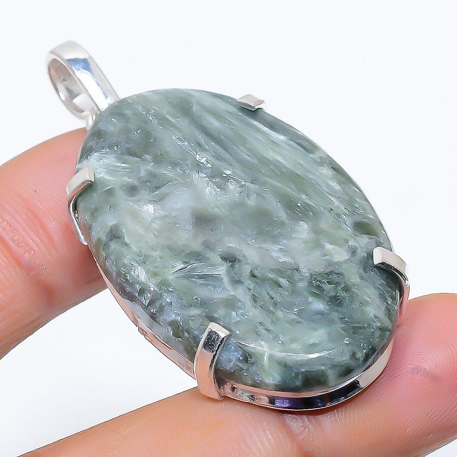 Подвеска из стерлингового серебра 925 пробы с натуральным серафинитом ручной работы 2,17 дюйма R0O62