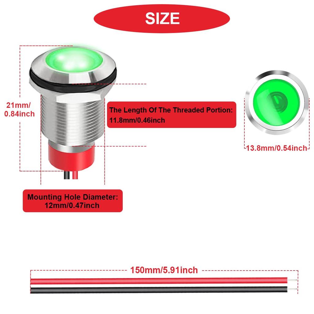 MKBKLLJY 6 шт. 12 мм DC12-24V1A зеленый светодиодный металлический индикаторный светильник водонепроницаемый сигнальная лампа пилотная панель управления с длиной кабеля 150 мм и крышкой для проводки F