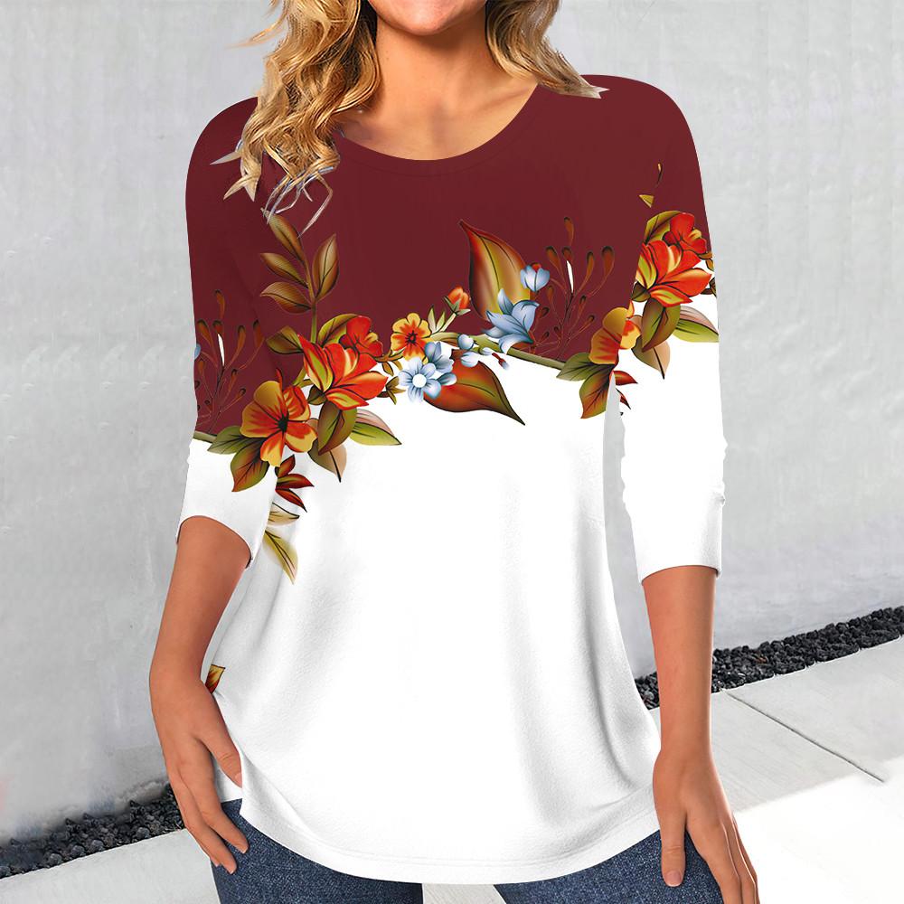 Women's Casual Rose Print T-shirts Elegant Fashion Clothes Streetwear Vintage Long Sleeve Loose Tops